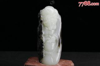 和田黑皮白玉籽料巧色精雕降龙罗汉小摆件送证=编2