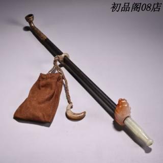 珍品旧藏下乡和田玉烟嘴头老汉烟袋一把收工雕刻玛瑙烟档旱烟袋 珍品